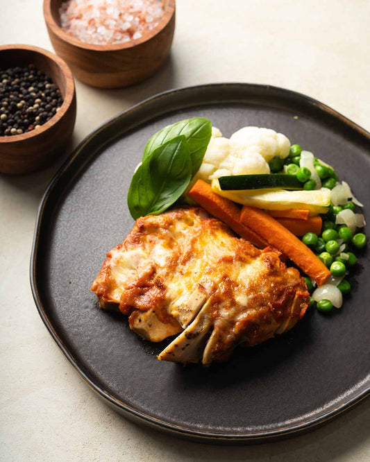 THE LOW CARB PARMIGIANA AND SEASONAL VEGETABLES